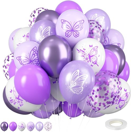 Lila Weiße Luftballons, 30 Stück Luftballons Geburtstag, Latex Luftballons Helium Ballons Schmetterling Lila, Schmetterling Ballons Decoration für Mädchen Frauen Geburtstag Baby Shower Hochzeit Party