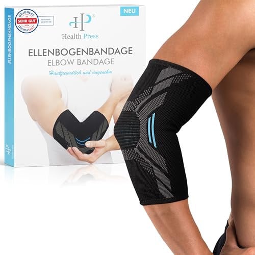 Health Press® Tutore per gomito – 1 fascia per gomito taglia M – supporto per gomito – sollievo e stabilizzazione dell'articolazione del gomito – fascia di compressione professionale – fascia di