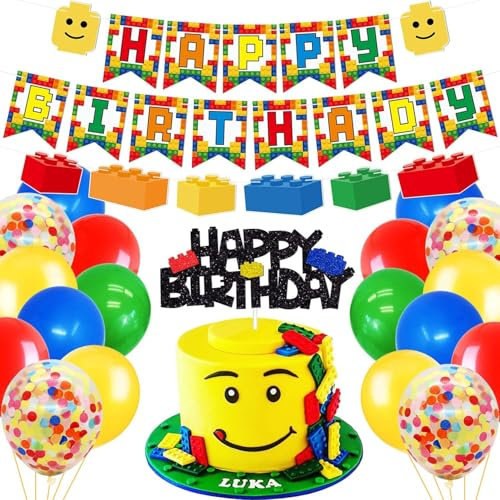 7. Geburtstag Bausteine Party Deko, 7 Geburtstagsdeko Jungen, 7 Kindergeburtstag Deko Bausteine, Bausteine Luftballon Folienballon Bausteine, Happy Birthday Deko, Building Blocks Theme Party Supplies