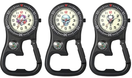 JewelryWe Karabineruhr Totenkopf Uhr mit Karabiner: 3pcs Halloween Gothic Schädel Leuchtende Taschenuhr mit Flaschenöffner Kompass Zwei Zeitzonen Analog Quarz Clip On Uhr für Ärzte Krankenschwestern