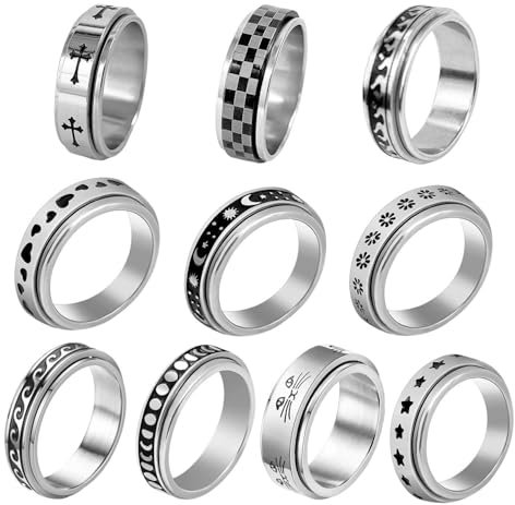 YSJCHEBS 10 Stück Spin Twist Stress Relief Edelstahl-Ringe, Fidget-Ringe für Damen, Silberring-Set gegen Angstzustände