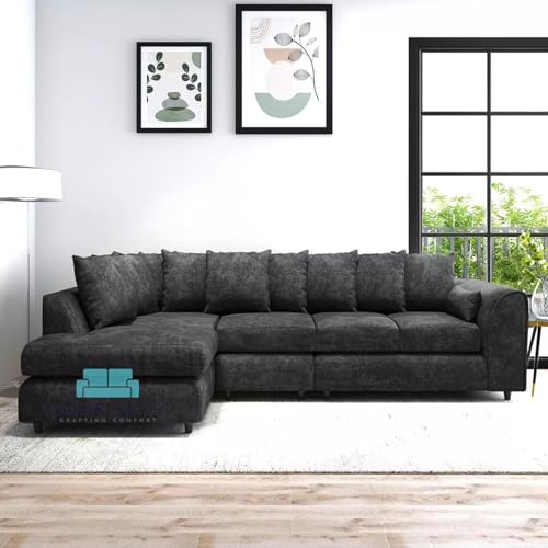 Unique XL Left Hand Corner Durable Scattered Back Sofa Alaska Fabric Relaxing Home Accessory Furniture with Soft Exotic Cushions for Spacious & Fashionable Living Room (Colour- Dark Grey)