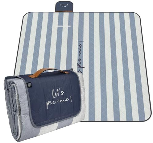 PERLETTI Telo Picnic Impermeabile Adulto 200x200 - Coperta Pic Nic Grande per Famiglia Spiaggia Montagna Parco Giardino - Tappeto da Campeggio per Esterno Portatile Pieghevole (Rigato, 200x200)