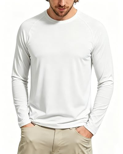 Tansozer Swimming Shirts for Men Long Sleeve T-Shirt UV 50 Protection Fishing Clothing Waterproof Sports Top Casual Plain Shirt, White, S