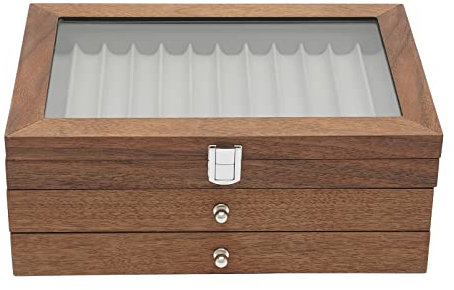 Hydrangeary 34 Slots Pen Holders Walnut Wood Fountain Pen Box 3 Tiers Retro Pen Storage Box for Storing Different Types of Pens, 31 * 20 * 12.5cm, Log Color