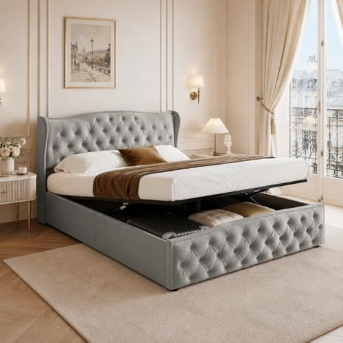 Fofetbfo Polsterbett 160x200, Doppelbett mit Bettkasten, Bubble Bett Jugendbett mit Lattenrost und Gepolstertes Kopfteil, Flachbett Gästebett, Leinen Beige,ohne Matratze (Grau C, 160x200 cm)