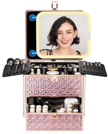 OMIRO Makeup Organiser Box with Detachable Magnetic Led Mirror and Drawer-Sparkling Pink