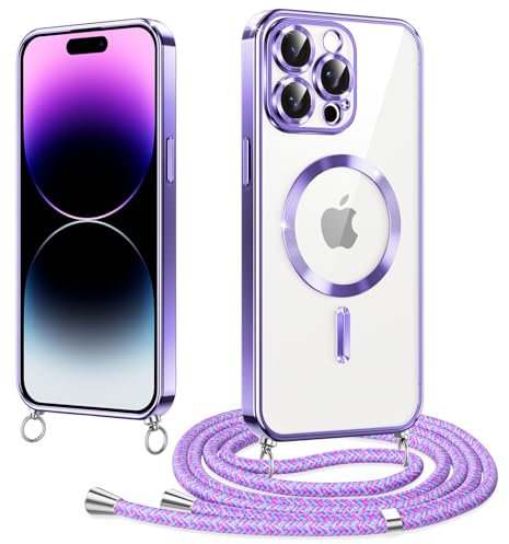 Woijrly Magnetische Handyband mit Band für iPhone 14 Pro Max Hülle, [Kompatibel mit Magsafe] Handyhülle Case mit justierbarer Schnur Abnehmbar Strap, Crossbody Schutzhülle zum Umhängen, Lila