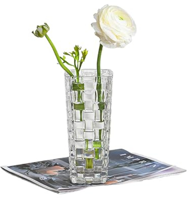Klarer Glas für Blumen im Inneren Woven - Rektanze 15cm Platz Embossiert Glas Bud Sein Waschen Kleine Vase Blumen, Pflanzen Terrarium, Kerzenhalter Wassergläser für Hochzeit Mittelstück,Büro,Tisch
