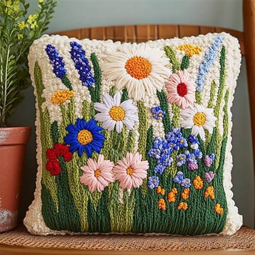 XDEGHUANGSS DIY crochet de nouage housse de coussin kits de broderie pour débutants adultes,crochet à nouer housse de coussin à la main,Tapis Point Noué Kit 43x43cm,Fleurs sauvages