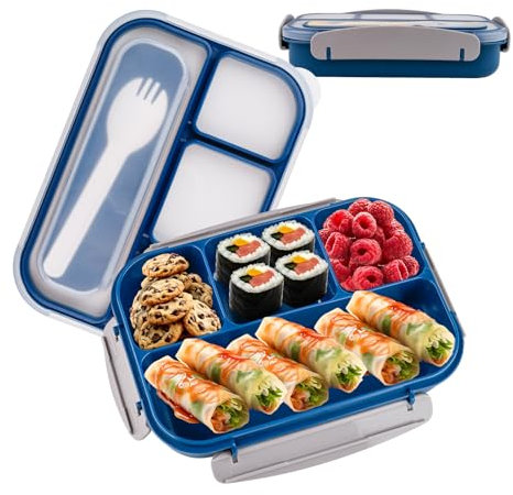 BigKego Lunchbox 1000 ML Brotdose mit 4 Fächern Auslaufsichere Bento Box Frühstücksbox Meal Prep Box Snackbox BPA Frei für Schule Büro Picknick und Reisen (Blau)