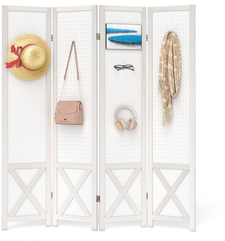 COSTWAY 4/6 Panel Folding Room Divider with Pegboard Display, Freestanding Wall Privacy Screen Protector, Solid Wood Room Partition Paravent Separator for Bedroom Living Room Store (4 Panel-162x170cm)