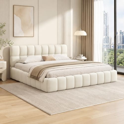 DAHUEN Polsterbett 140x190 mit Lattenrost, Doppelbett, Bubble Bett, mit Gepolstertes Kopfteil, Baumwoll- und Leinenmaterial, Tatami-Stil, Für Erwachsene und Jugendliche (Beige, 140x190 cm)