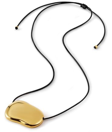 Grozilym Bean Pendant Necklace for Women, Minimalist Pebble Charm on Adjustable Black Cord, Chunky Gold Statement Necklace, L, Stainless Steel, No Gemstone