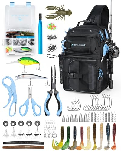 Calamus GearMaster Fishing Sling Tackle Bag & Tool Set, 3500 Tackle Box & Fishing Gear with Fishing lures, Fishing Pliers, Fishing Scissors, Lip Gripper, Wacky Tool