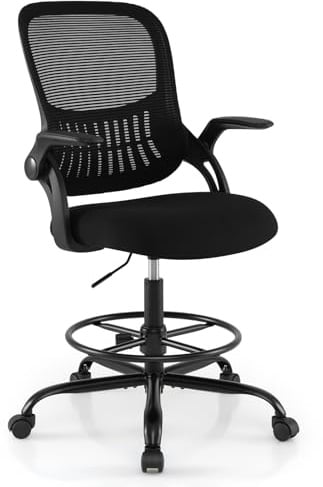 COSTWAY Arbeitsstuhl, Bürostuhl mit klappbaren Armlehnen und Fußstütze, Sitzhöhe 58-76 cm, hoher Drehstuhl, bis 136 kg belastbar, Schwarz
