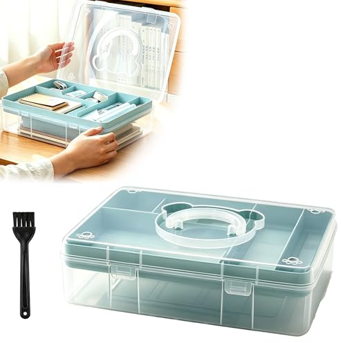 Vurixfo 2 Layer Craft Storage Box, Clear Craft Large Sewing Box with 7 Compartment Tray Blue Durable Plastic Containers with Lids for Organizing Art Craft Sewing Stationery, 32.5x23.5x9cm