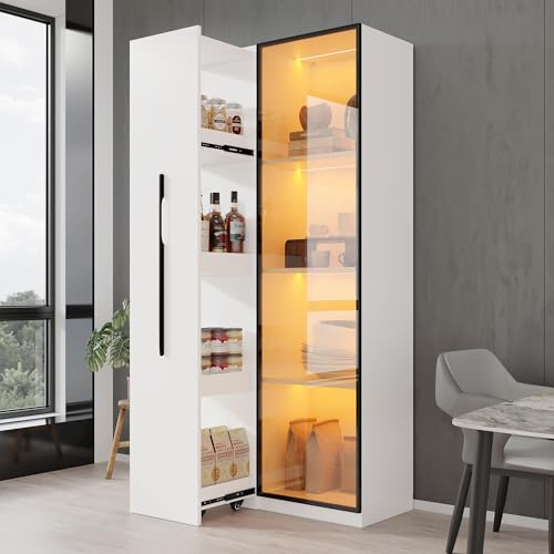 BTM Multifunktionsschrank Vitrine und Bücherregal mit Türen mit Rollen, Glasvitrine mit LED Beleuchtung Vitrine Esszimmersch, Weiß