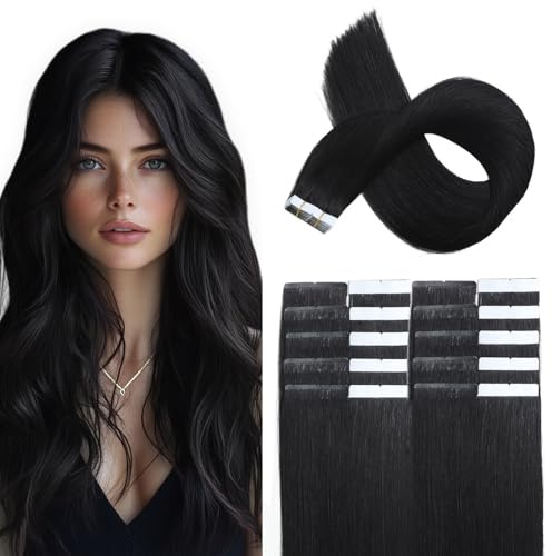 XDhair Tape Extensions Echthaar Schwarz 40cm 20pcs 50g | Schwarz Remy Invisible Tape Haarverlängerungen,Echte Menschliches Haar, #1