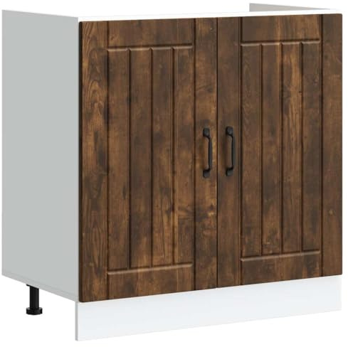 Plumbpyr Lucca Meuble sous évier en bois de chêne fumé avec pieds réglables 80 x 46 x 81,5 cm Meuble de rangement pour vaisselle, assiettes, casseroles et poêles pour l'ordre dans la cuisine, la salle