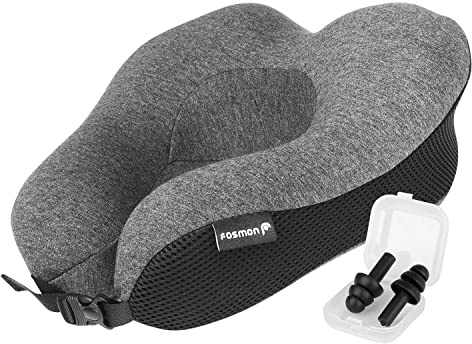 Fosmon Reise-Nackenkissen mit Ohrstöpseln & Aufbewahrungstasche, Weiches Memory-Foam-Kissen, Kopf- & Kinnstütze, Maschinenwaschbarer 100% Baumwollbezug für Reisen.
