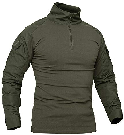 KEFITEVD Herren Tactical Shirt Combat Shirts Flecktarn Slim Fit Langarm Camouflage Shirt Paintball Airsoft Army Hemd Bundeswehr T-Shirt Militär Männer Armeegrün XL