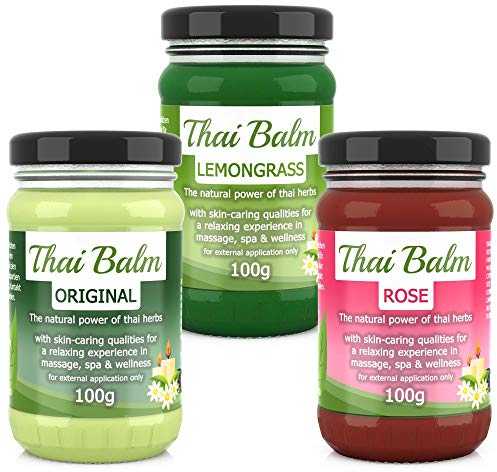 Wang Prom - Natural Herbs - Thai Kräuter Massage Balm SET: 100g Thai Herbs Original, 100g Zitronengras, 100g Rose