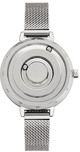 EUTOUR Damenuhr Magnet Uhr kein Glas Kugellager Uhren Quarz Luxus Eleganz Minimalist Armbanduhr mit Edelstahl Mesh Armband Silber 36 mm