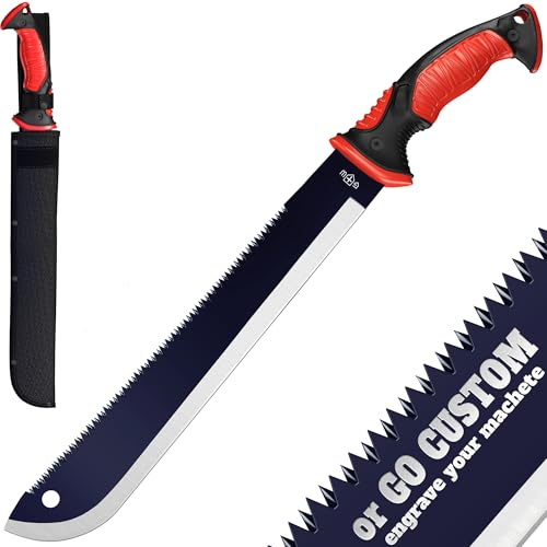 Machete with Saw - 19” Heavy Duty Tool & Sheath - Ergonomic No-Slip Handle - Survival Knife with Serrated Blade - Machetes for Bushcraft Hunting Garden Cutting Trees and Yard Work 111084