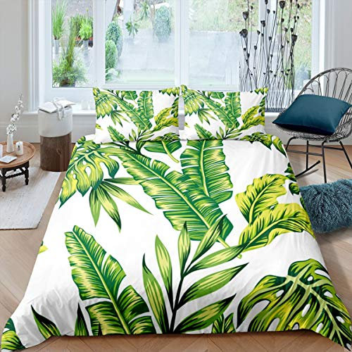 Fresh Leaves Tropical Duvet Cover Set King,Green Plant Bed Cover,Botanical Banana Tree and Palm Tree Leaf Pattern Printed in White Comforter Cover, Beach Hawaiian Bedding Collection with Zipper