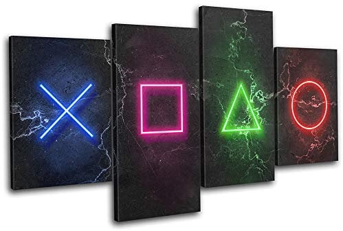 Bold Bloc Design - Play Station Symbols Neon Gaming 80x45cm MULTI Canvas Art Print Box Framed Picture Wall Hanging - Hand Made In The UK - Framed And Ready To Hang 13-2757(00B)-MP04-LO-A
