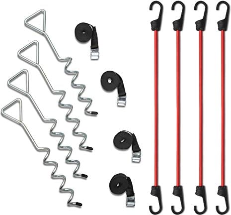 SUPER SMITHEE Trampoline Stakes - Pack of 4 Heavy Duty Galvanized Steel Corkscrew Spiral Shape - Complete with 4 Straps and 4 Bungee Cords