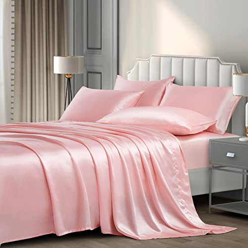 Pothuiny - Set di 6 lenzuola per letto king size, in raso rosa cipria, con angoli + piatto + 4 federe
