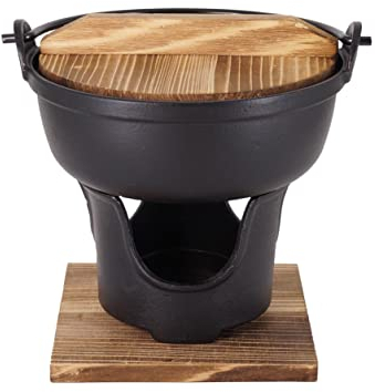 TRUMDAKE Japanischer Sukiyaki-Heißtopf aus Gusseisen, 17,8 cm, Käsefondue, Campingkochen, Einzel- oder Paargröße, Nabe Shabu Nabemono-Topf, Alkoholkocher, Holzdeckel, ideal für High-End-Restaurants