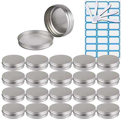 ZEOABSY 30 Pièces 100ml Pots en Aluminium Vide Rond Argent Petit Cosmétiques Pot Conteneurs for Fait Main Bougies Crème Baume Voyage, 5X Spatule, 2X Étiquettes
