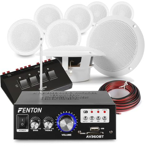 4 Room Ceiling Speaker Package -home Ceiling Speaker System with 4-Zone On/Off Switchable - Premium Ceiling Music System for Multi-Room Audio, Multi-Room Music System - Amplifier & Cables