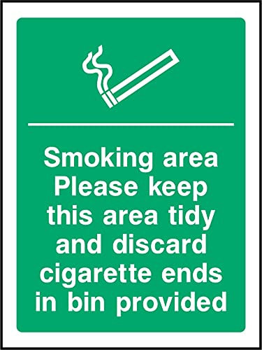 Smoking area. Please keep this area tidy and discard cigarette ends in bin provided. Sign