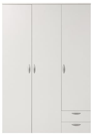 furni24 Kleiderschrank aus Holz 120cm, Garderobenschrank, Mehrzweckschrank, 3-türig mit Haken, 3 Regale und Schubladen, Kleiderbügeln, weiß, 120x52x177cm