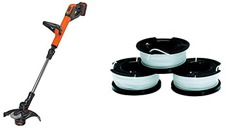 BLACK+DECKER STC1820PC-GB Cordless 28 cm String Grass Trimmer 2.0Ah Lithium Ion Battery, Orange & Black + Decker A6485 thread bobbins (for trimmers 3-pack - 3 x 10 m length, ⌀ 1.5 mm thread diameter)