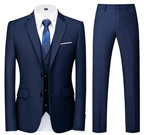 Men Suits 3 Piece Slim Fit Single Breasted Two Button Blue Wedding Tuxedo Suit Blazer Waistcoat Trousers(Blue,Medium)