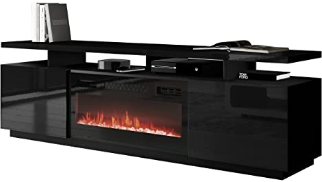 Mirjan24 TV Schrank Lostino mit Elektrischem Kamin Realistische LED-Flamme Kristallherd Elektrischer Kamin mit Heizung TV Lowboard (ohne Beleuchtung schwarz/schwarz Hochglanz)