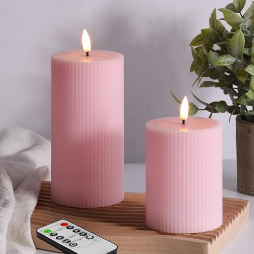 Eywamage Pink Ribbed Flameless Pillar Candles with Remote, Flickering LED Wax Candles Battery Powered Set of 2