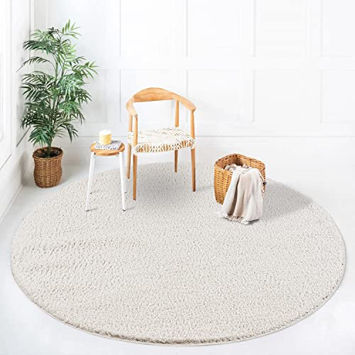 carpet city Shaggy Teppich Hochflor - 200 cm Rund - Creme Einfarbig - Weicher Wohnzimmerteppich Uni Modern - Polyester-Teppiche Soft Flauschig-Weich Schlafzimmer - Kinderzimmerteppich