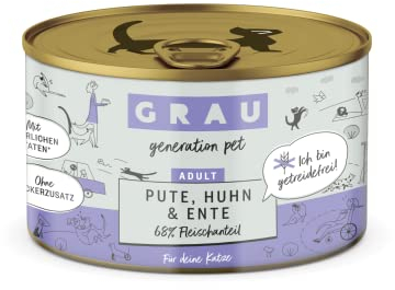 GRAU – das Original – Nassfutter für Katzen - Pute, Huhn & Ente, 6er Pack (6 x 200 g), getreidefrei, für Erwachsene Katzen