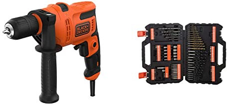 BLACK+DECKER BEH200, Taladro Percutor con Cable 500 W 230V, Incluye Empuñadura Lateral 500 W + A7200-XJ Juego de 109 piezas para atornillar y taladrar con brocas Titanio