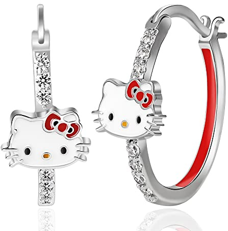Sanrio Hello Kitty Damen-Creolen – Zirkonia und emaillierte Hello Kitty Ohrringe, offizielles Lizenzprodukt, Messing, Zirkonia, Messing, Zirkonia