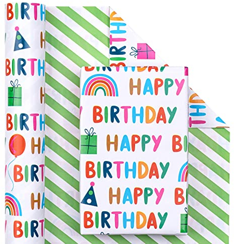 RUSPEPA Wendbares Geburtstags-Geschenkpapier – 43,2 cm X 10 m Buntes Happy Birthday-Schriftzug-Design, Perfekt Für Geburtstag, Party, Babyparty