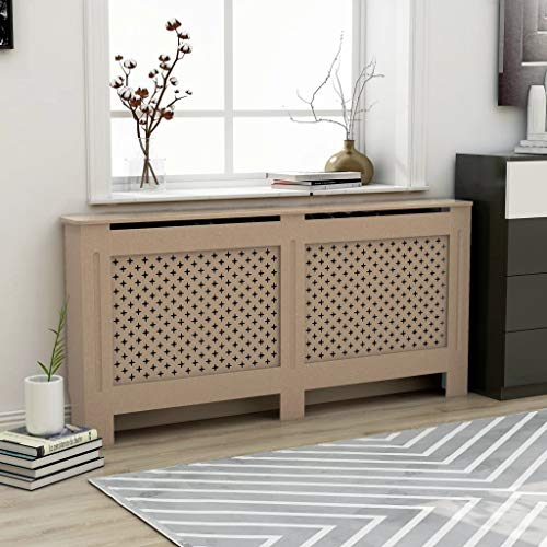 FIRBNUS 172x19x81.5 cm HeizköRperverkleidung HeizköRper Heizungsverkleidung HeizköRperabdeckung LamellentüR Lochplatte Holz HeizköRperkonsole Braun