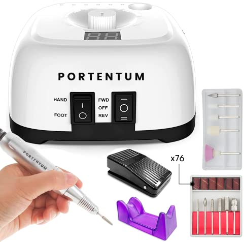 PORTENTUM Torno para Uñas Profesional 35000 RPM - Kit de Manicura y Pedicura Eléctrico de 16 Elementos, Nail Drill de Alto Rendimiento, Ideal para Salones y Uso Doméstico, Apto para Zurdos y Diestros