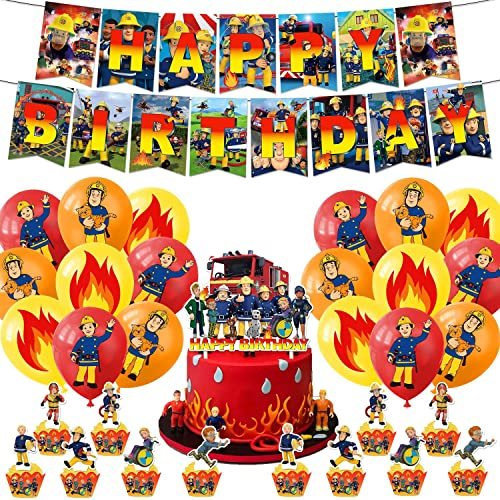 Glurak Fireman Sam Ballon Kit für Kinder Geburtstag Party Dekoration mit Happy Birthday Banner und Kuchen Toppers. Fireman Sam Kinder Geburtstag Zubehör für Mädchen Baby Dusche und Feiern